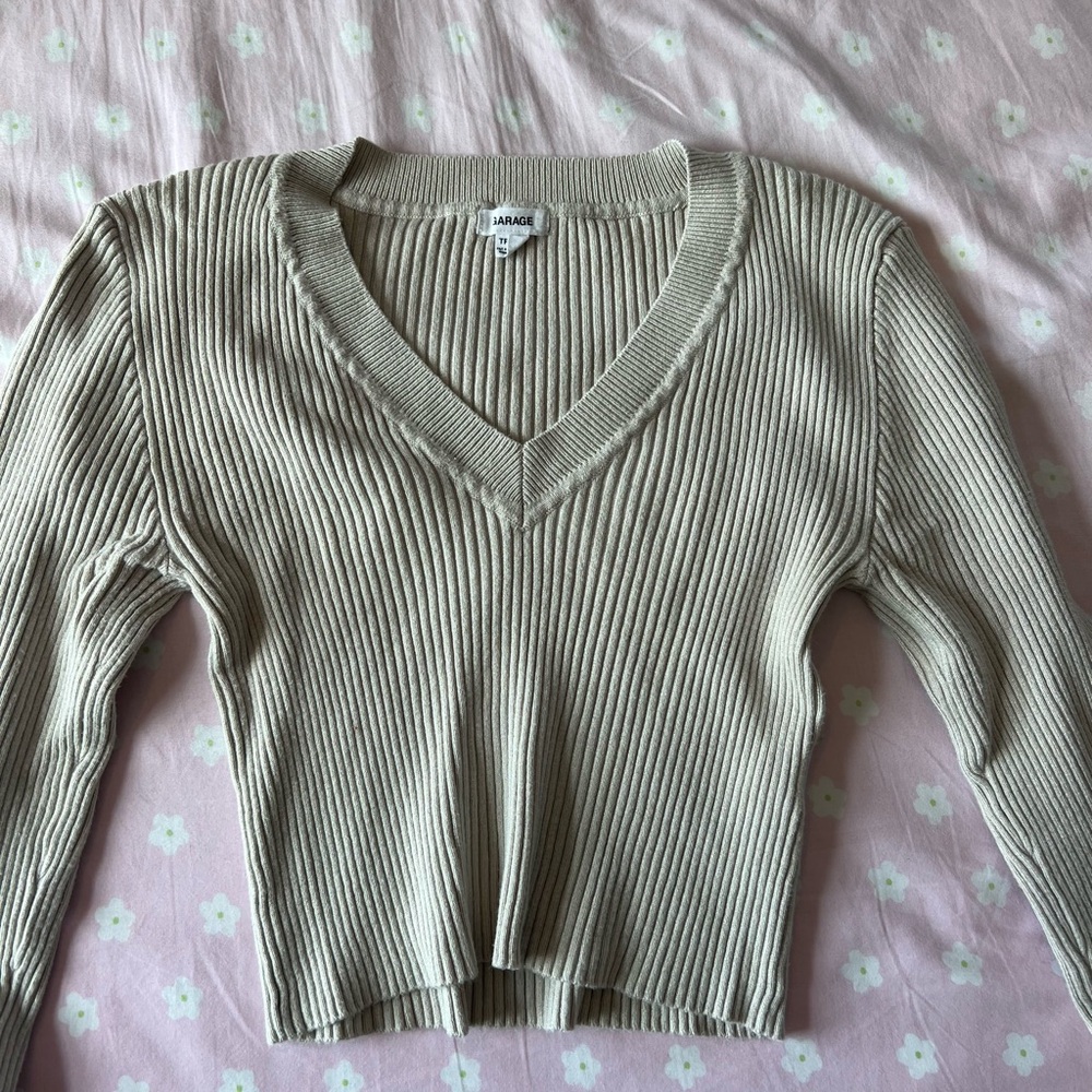 Garage Cream Ribbed V-Neck Cropped Sweater
